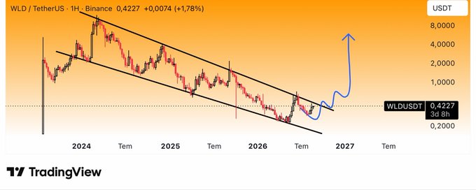 A TradingView chart shows WLD/TetherUS on Binance (1H timeframe) at 0.4227 (+1.78%), displaying a falling channel pattern from 2024 through 2027 with a projected breakout arrow pointing toward higher levels near 2,000-8,000 USDT, supporting the post's bullish outlook on $WLDUSDT above the $0.47 breakout level.