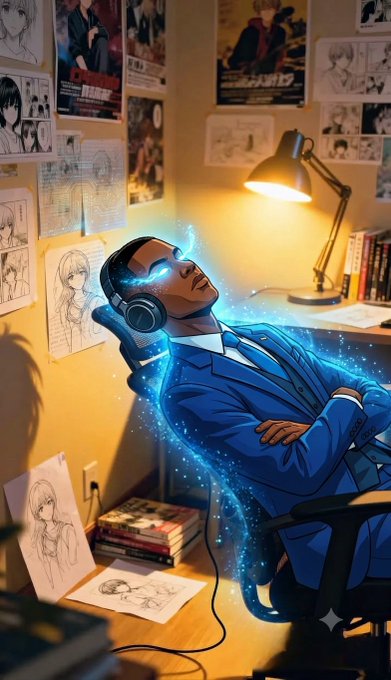 An anime-style character in a blue suit relaxes in a chair wearing headphones, with blue energy emanating from them in a room decorated with anime posters and a desk lamp.