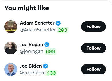 A 'You might like' social media suggestion panel lists Adam Schefter (@AdamSchefter, 203), Joe Rogan (@joerogan, 609), and Joe Biden (@JoeBiden, 430), each with a black 'Follow' button.