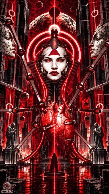 A dark fantasy digital artwork featuring a large, symmetrical face with mechanical elements and glowing red lines, set against a red cosmic background with statues on either side and a cloaked figure at the bottom, signed with 'C3N'.