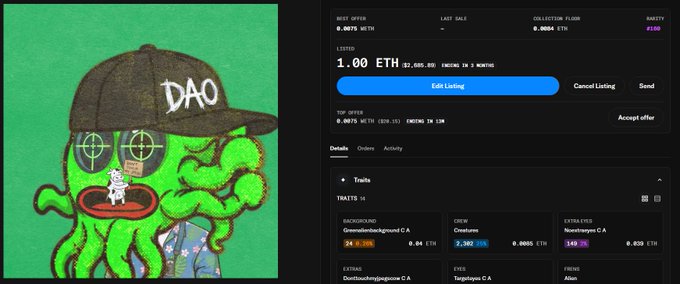A split image showing an NFT-style illustration of a green octopus character wearing a 'DAO' cap and sunglasses on the left, paired with a cryptocurrency trading interface listing a collection floor price of 0.0050 ETH and trade history on the right.