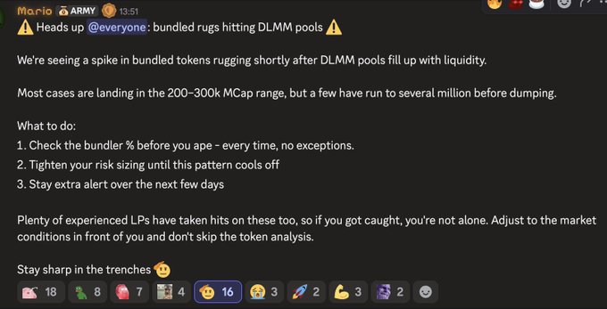A Discord message from 'Mario' in the ARMY channel warning @everyone about 'bundled rugs hitting DLMM pools,' advising users to check bundler percentages, tighten risk sizing, and stay alert.
