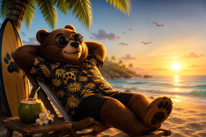 An illustration depicts a brown bear wearing sunglasses and a floral Hawaiian shirt, relaxing on a beach chair with a surfboard, a coconut drink, and a tropical sunset in the background.