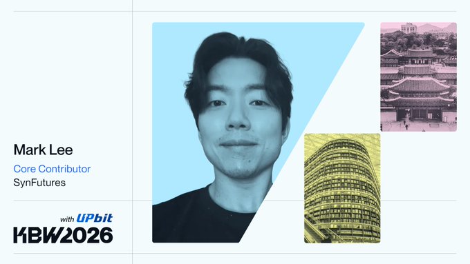 A promotional graphic featuring Mark Lee, Core Contributor of SynFutures, for the KBW2026 event with UPbit, alongside a traditional East Asian palace and a modern glass skyscraper.