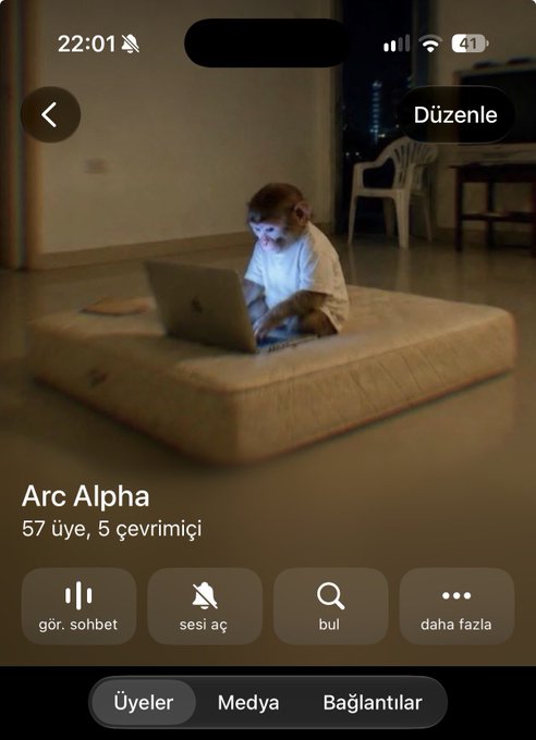 A mobile screenshot of a Telegram channel named 'Arc Alpha' with 57 members and 5 online, featuring a photo of a monkey using a laptop on a mattress.