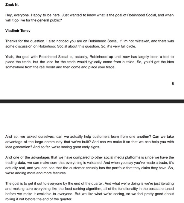 A transcript snippet of a Q&A where Zack N. asks Vladimir Tenev about the goal of Robinhood Social and its general public launch, with Tenev explaining the community-driven idea generation feature.