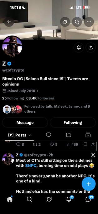 A Twitter/X profile screenshot for @zofcrypto showing a Bitcoin OG and Solana Bull since 2019 with 63.4K followers, posting about $NPC as a unique cryptocurrency community.