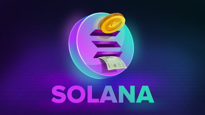 A stylized 3D rendering of the Solana logo featuring its purple and teal gradient sphere symbol with a gold Solana coin and dollar bill, with the word 'SOLANA' displayed below against a dark purple grid background.