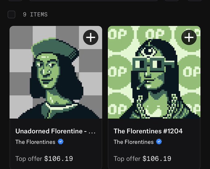 An NFT marketplace display showing 9 items, including 'Unadorned Florentine' and 'The Florentines #1204' from The Florentines collection, both with top offers of $106.19.