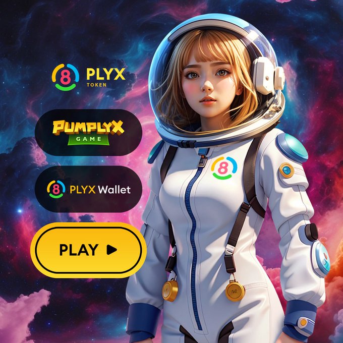 The image features an anime-style astronaut girl in a white spacesuit against a vibrant cosmic nebula background, with promotional buttons for "PLYX TOKEN," "PUMPLYX GAME," "PLYX Wallet," and a yellow "PLAY" button. The space-themed imagery visually reinforces the post's mention of the Pumplyx ecosystem, where the already-built products (game, wallet, and token) are represented as interactive launch points for users to explore.