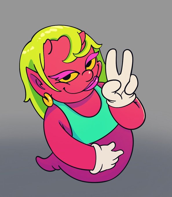 Digital illustration of a pink devil-like female character featuring green hair, wearing a teal top, and making a peace sign with her white-gloved hand.
