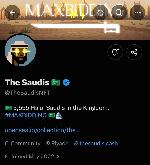 A Twitter/X profile page for 'The Saudis' (@TheSaudisNFT), a verified NFT collection based in Riyadh featuring 5,555 Halal Saudis with a 'MAXBIDDING' banner.