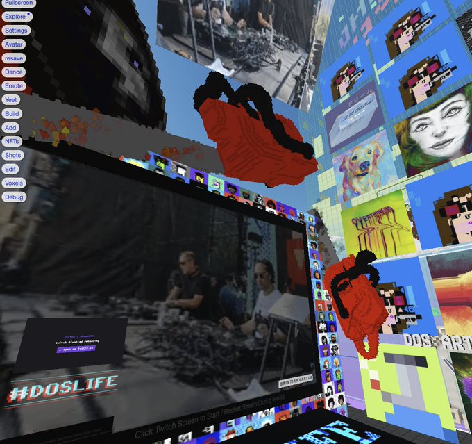 A screenshot of a 3D virtual environment with a menu on the left showing options like 'Fullscreen', 'Settings', 'Avatar', and 'Dance', with pixel art red hearts floating in the space.