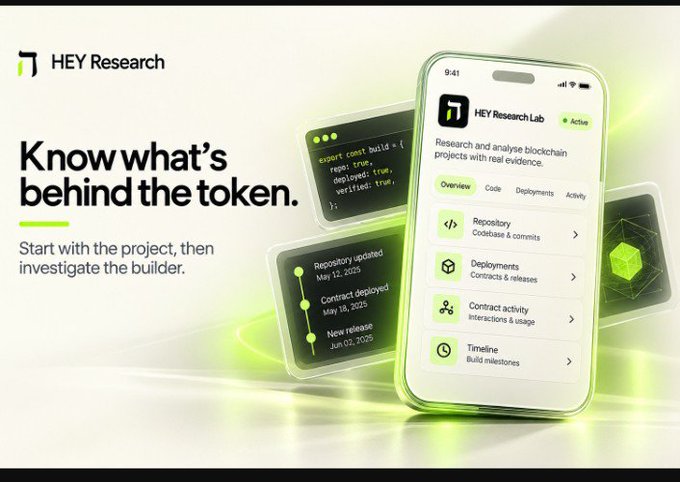 A promotional graphic for "HEY Research" featuring the tagline "Know what's behind the token" alongside a mockup of the HEY Research Lab mobile app, which displays blockchain project analytics including Repository, Deployments, Contract activity, and Timeline sections, with floating UI elements showing code snippets and project milestones.