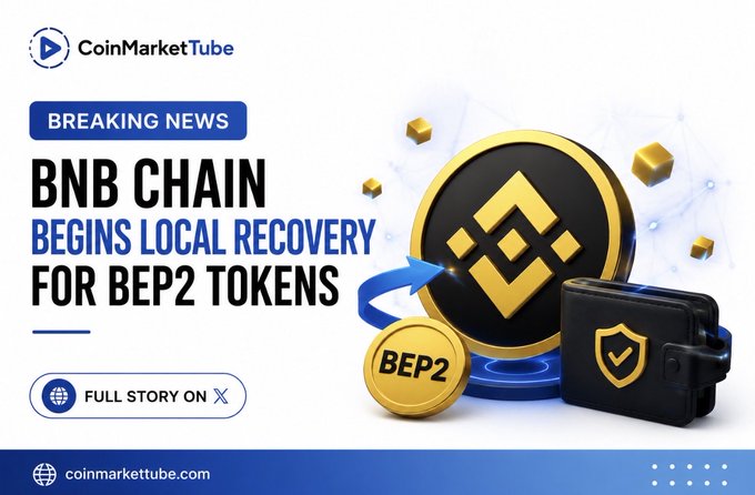 CoinMarketTube breaking news graphic reading 'BNB CHAIN BEGINS LOCAL RECOVERY FOR BEP2 TOKENS,' featuring the BNB logo, a BEP2 coin, and a digital wallet.