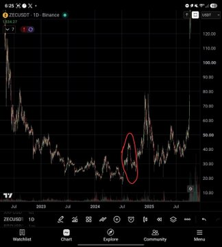 A long-term candlestick chart for 'ZECUSDT' on Binance showing the price from July 2022 to 2025, with a red circle highlighting a specific price movement around mid-2024.