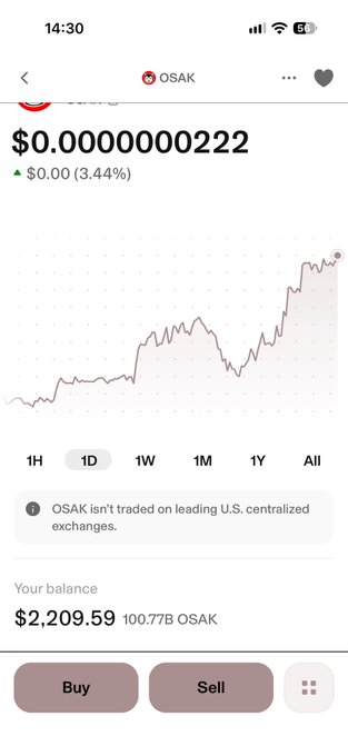A mobile trading app shows the OSAK token price at $0.000000022 with a 3.44% increase, displaying a balance of $2,209.59 (100.77B OSAK).
