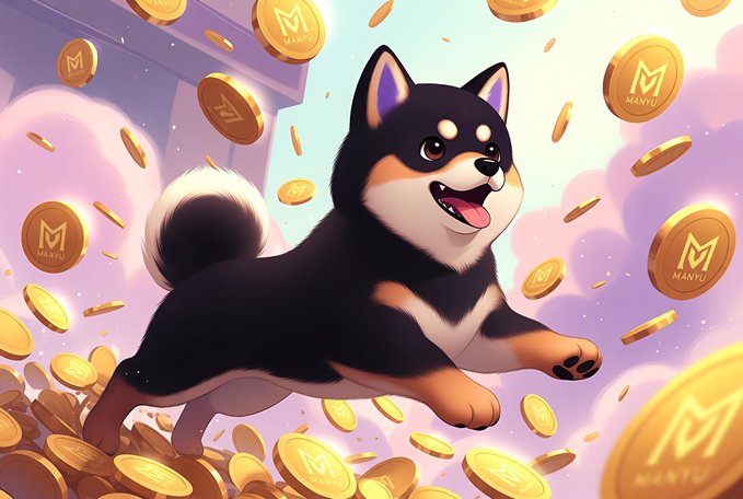 The image features a black and tan dog running through a field filled with gold coins. The dog appears to be enjoying itself as it leaps over the scattered golden coins, creating an exciting and dynamic scene. In the background of the image, there is text that reads "$MANYU is the dog coin with actual internet royalty behind it. Meet Little Manyu — the fluffy black Shiba Inu superstar with **20+ million followers** who went mega-viral for his luxury spa treatments, massages, and pure main character energy." This suggests that the image may be related to a post about the popular Shiba Inu dog or could be an advertisement featuring the Shiba Inu as the main subject.