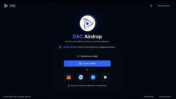 The image shows a DAC Airdrop website with a "Connect Wallet" button, announcing that 50,000,000 $DAC tokens will be distributed to eligible participants. This connects to the post by serving as the official airdrop portal where users with qualifying Discord roles can connect their wallets to claim their DAC token allocation before the snapshot deadline.