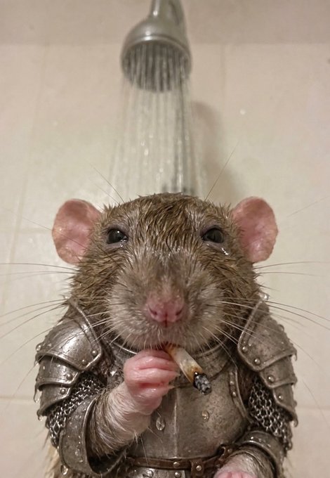 A digitally edited image shows a wet rat wearing medieval armor standing under a running showerhead, holding a small object.