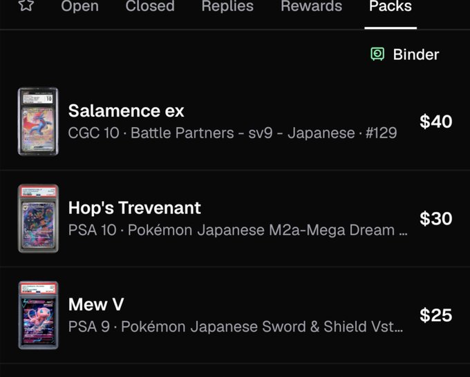 A marketplace listing page shows trading-card packs for sale, including “Salamence ex” for $40, “Hop’s Trevenant” for $30, and “Mew V” for $25, with grading and Pokémon set details visible.