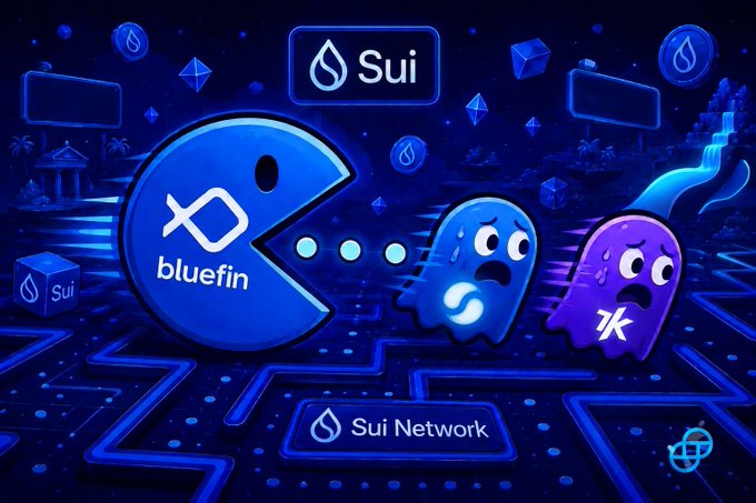 A blue "Bluefin" Pac-Man character chases two frightened ghost figures (one labeled "S" for Sui, the other with a "ZK" symbol) through a neon-lit Sui Network-themed maze, visually representing how Bluefin is "devouring" or outpacing competing DEXs and ZK-based aggregators amid Sui's fragmented liquidity landscape.