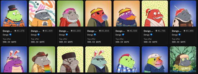 The image displays a grid of 14 cartoon-style NFT avatars from the "Dengs" collection, each showing a different character (such as a hippo, rhino, duck, and others) with their unique ID numbers and prices ranging from ₿1,034 to ₿3,895, along with a consistent "Top offer 900.59 HAPE." The accompanying post relates to the image by highlighting a special sweep promotion of the Dengs NFT collection on RH Chain, emphasizing a 24-hour opportunity to burn Dengs for new mints.