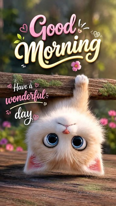 A 'Good Morning, Have a wonderful day' greeting card featuring a fluffy cartoon white cat hanging upside down from a wooden branch with pink flowers.