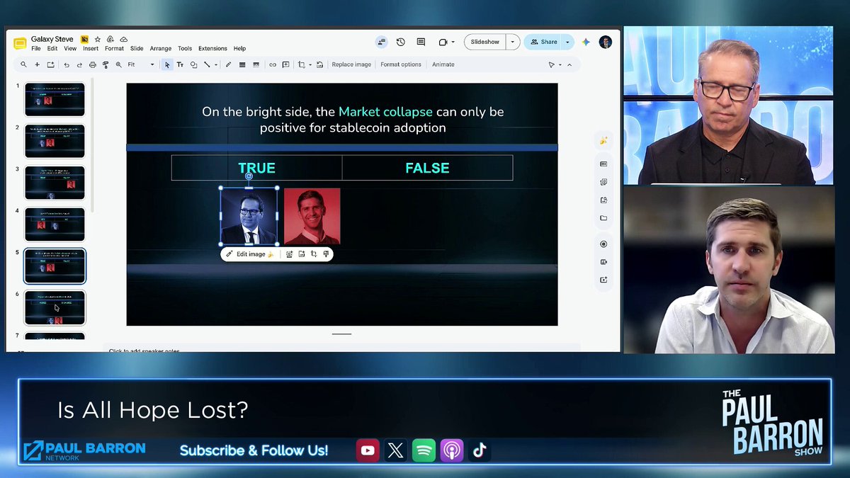 The image shows a computer screen displaying a video call between two men, one of whom appears to be Paul Barron. The other man seems to be a news anchor or reporter. They are discussing whether or not they believe that the stock market is a bear market.