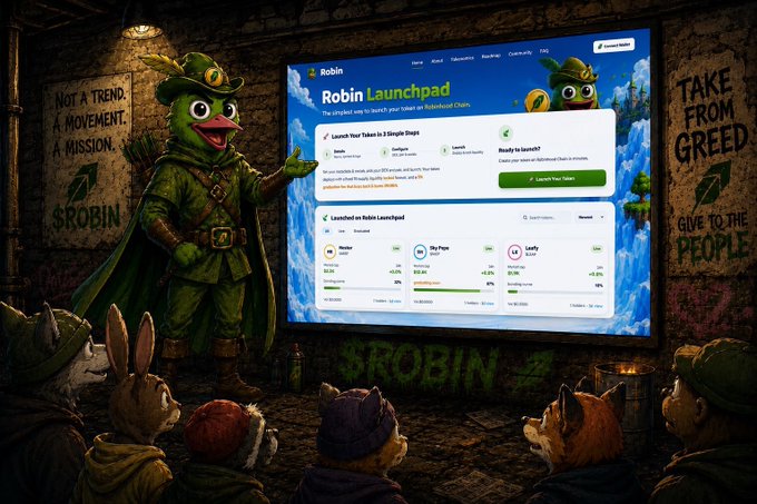 A frog mascot dressed as Robin Hood presents a launchpad screen titled "Robin Launchpad" to an audience of small woodland creatures in a stone-walled den. The screen advertises "Launch Your Token in 3 Simple Steps" and displays stats like "Ready to launch" alongside slogans like "NOT A TREND. A MOVEMENT. A MISSION." and "TAKE FROM GREED, GIVE TO THE PEOPLE"—visually tying into the tweet's teasing of an exclusive Robinhood Chain token launchpad if Vlad Tenev replies.