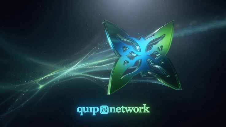 The image features a logo for Quip Network that includes a butterfly design with blue wings and green leaves. The butterfly is positioned centrally within the frame against a dark background, which emphasizes its vibrant colors and intricate details. Below the butterfly, there's text that reads "Quip Network @quipnetwork is tackling two big problems in crypto in a very interesting way." This text provides context to the image and highlights the unique approach Quip Network is taking with their logo design.