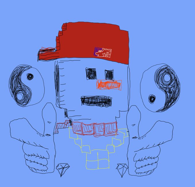 A crude digital drawing on a blue background depicting a skull-like face with large ears, a red bandana, and skeletal hands, with colorful text elements.