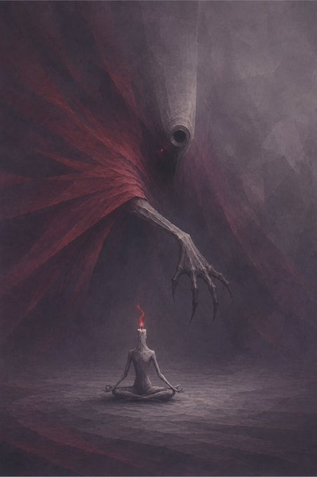 A dark fantasy painting showing a tall, spindly creature with a cylindrical head and red cloth draped over it, looming over a small meditating figure with a flame for a head.
