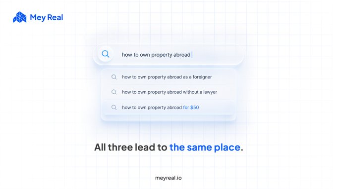 The image shows a Mey Real search bar displaying the query "how to own property abroad" with three autocomplete suggestions ("how to own property abroad as a foreigner," "how to own property abroad without a lawyer," and "how to own property abroad for $50"), captioned "All three lead to the same place." This reinforces the post's message by humorously suggesting that regardless of which property-ownership question you search, the answer always points to Mey Real at app.meyreal.io.