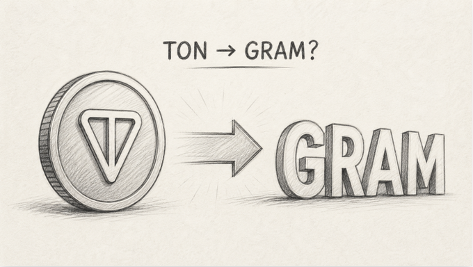 The image features two coins - one labeled "Ton" and another labeled "Gram". The coin labeled "Ton" has a triangle symbol on it, while the coin labeled "Gram" has an arrow pointing towards it. The text above the coins reads "TON-GAM?", which is likely a question or statement about the relationship between these two coins.