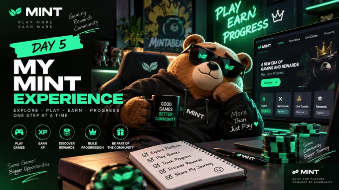A promotional graphic for MINT titled 'DAY 5 MY MINT EXPERIENCE' featuring a bear mascot in sunglasses next to a laptop displaying the MINT gaming dashboard.