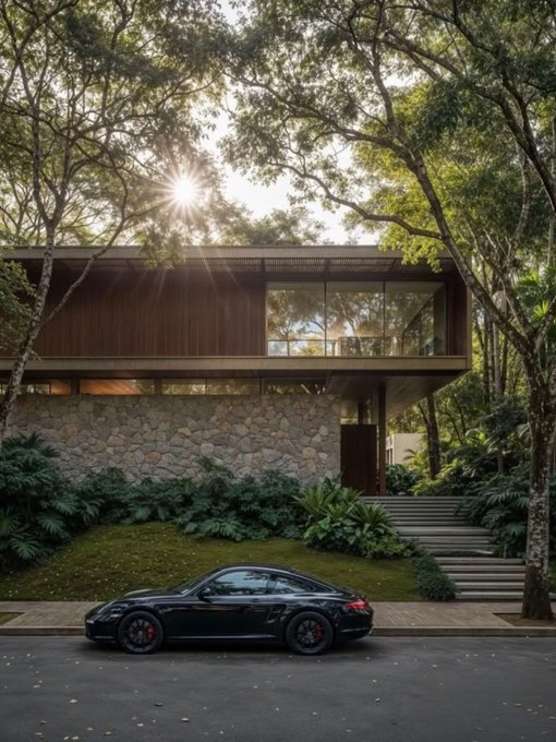 A black Porsche sports car parked in front of a modern house with stone walls and large windows, surrounded by lush trees with sunlight filtering through.