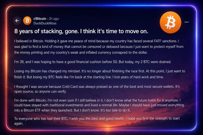 A screenshot of a Reddit post from r/Bitcoin by user "DuckDuckMoss," titled "8 years of stacking, gone. I think it's time to move on," discussing the loss of 2 BTC despite using a Cold Card wallet.