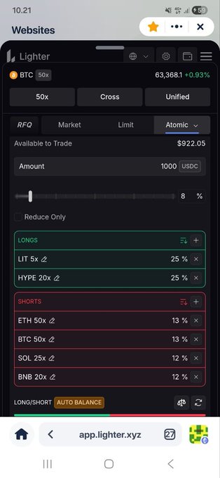 Screenshot of the Lighter.xyz trading interface on a mobile browser showing BTC at 63,368.1 (+0.93%) with a 50x leverage setting, $922.05 available to trade, and positions including LIT longs and ETH, BTC, SOL, BNB shorts.