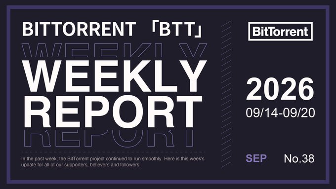 A promotional graphic for the "BitTorrent [BTT] Weekly Report" covering September 14-09/20, 2026 (Issue No. 38), featuring the BitTorrent logo and a note that the project continued to run smoothly over the past week. The image accompanies a post highlighting recent milestones including the BitTorrent x Binance US Boost Event, over 586 million client installations, and up to 6.83% APY for $BTT staking on BTTC.