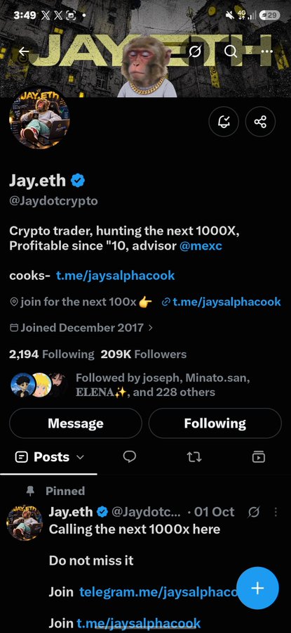 This image shows the Twitter/X profile page of "Jay.eth" (@Jaydotcrypto), a verified crypto trader with 209K followers who describes himself as "Profitable since '10" and an advisor at MEXC, with a pinned post promoting his Telegram channel (t.me/jaysalphacook) for "the next 1000x." The accompanying post references Jay.eth by showing the user sent him $50 and promoting the same Telegram group link, aligning with the profile's call-to-action in the pinned tweet.