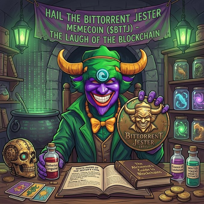 A colorful digital illustration of a purple jester labeled "HAIL THE BITTORRENT JESTER MEMECOIN ($BTTJ) - THE LAUGH OF THE BLOCKCHAIN", holding a coin and surrounded by a cauldron, potions, and a golden skull.