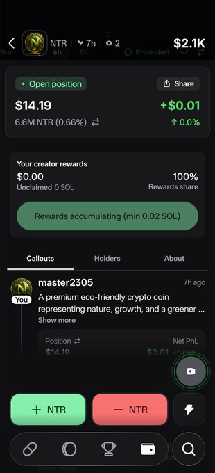 A mobile app screen for the NTR crypto token showing a price of $2.1K, an open position of $14.19 worth of NTR, creator rewards, and callouts section mentioning it as 'a premium eco-friendly crypto coin'.