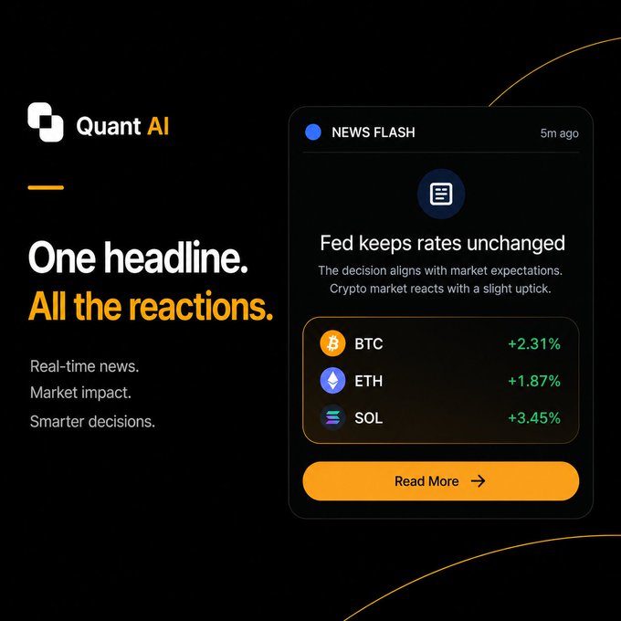 Promotional graphic for 'Quant AI' highlighting 'One headline. All the reactions.' featuring a 'Fed keeps rates unchanged' news flash and crypto gains for BTC (+2.31%), ETH (+1.87%), and SOL (+3.45%).
