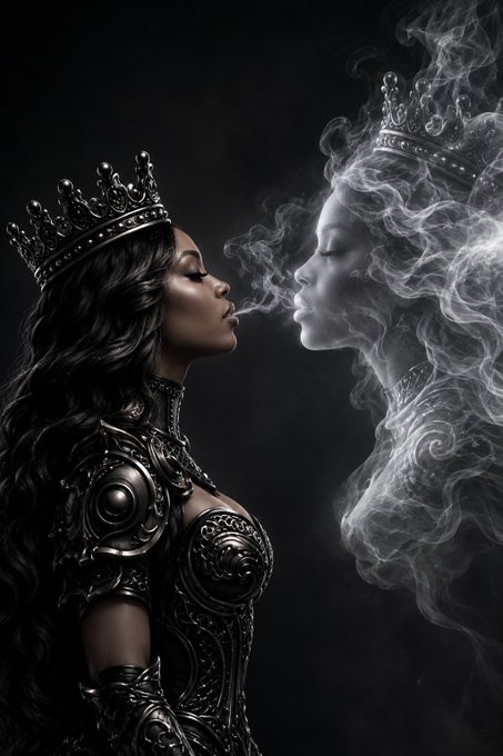 A stylized image of a Black woman in dark armor and a crown exhaling smoke that forms the ethereal face of another crowned figure against a black background.