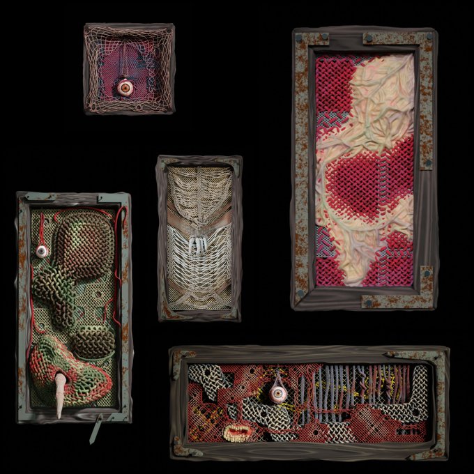 Five rustic wooden-framed digital artworks featuring intricate woven textures, skeletal figures, and organic patterns against a black background.