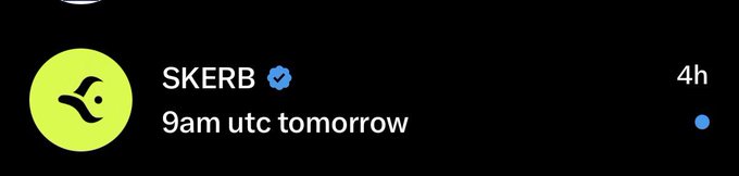 A screenshot of a tweet from verified user SKERB, posted 4 hours ago, stating "9am utc tomorrow." The image relates to the accompanying post about 8WL's partnership with SKERB on Robinhood to raffle spots, with winners being selected in a few hours.