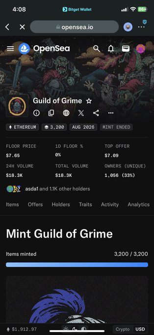A screenshot of the OpenSea.io webpage for the "Guild of Grime" NFT collection on Ethereum, showing it is fully minted (3,200/3,200) with a top offer of $7.09 and a total volume of $18.3K. The image aligns with the post's "Mint of the day" announcement, displaying the collection's key stats like floor price ($7.65) and total holders (1,056).