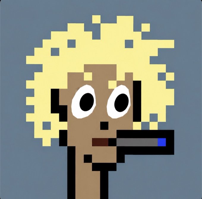 A pixel art portrait depicts a character with wild, blocky blonde hair, brown skin, and wide staring eyes holding a dark cylindrical object in their mouth, rendered against a gray-blue background. The crude, exaggerated style and wide-eyed expression serve as a humorous visual joke referencing "Ansem" and chaotic motion, aligning with the post's playful jab at crypto traders ("Sol trenches") watching someone ("Jesse") make moves.