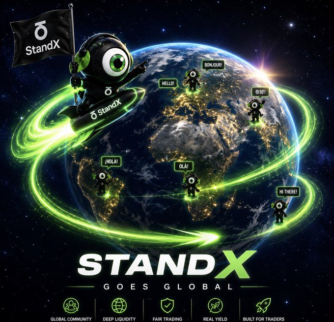 A one-eyed mascot holding a "StandX" flag rides a glowing green rocket around Earth, with smaller versions of the character appearing at points across the globe saying "HELLO!", "BONJOUR!", "你好!", "¡HOLA!", "OLÁ!", and "HI THERE!" The image promotes "STANDX GOES GLOBAL," highlighting the platform's worldwide reach alongside icons for "GLOBAL COMMUNITY," "DEEP LIQUIDITY," "FAIR TRADING," "REAL YIELD," and "BUILT FOR TRADERS."